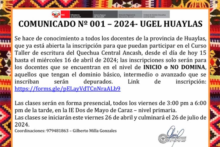 UGEL Huaylas inicia Curso  Taller de escritura del Quechua Central de Ancash